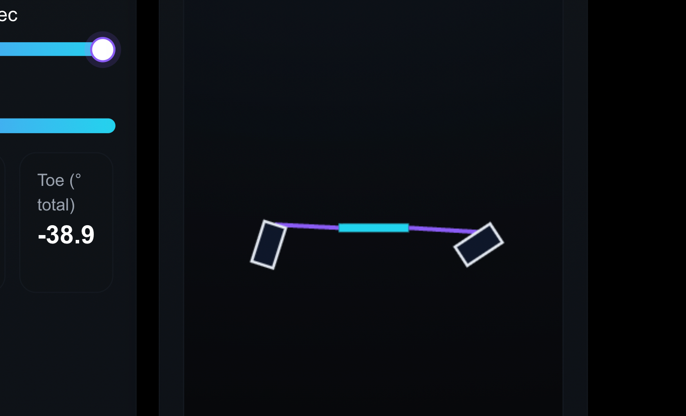 GripDial Ackermann and toe visualizer showing inner and outer wheel angle steering geometry