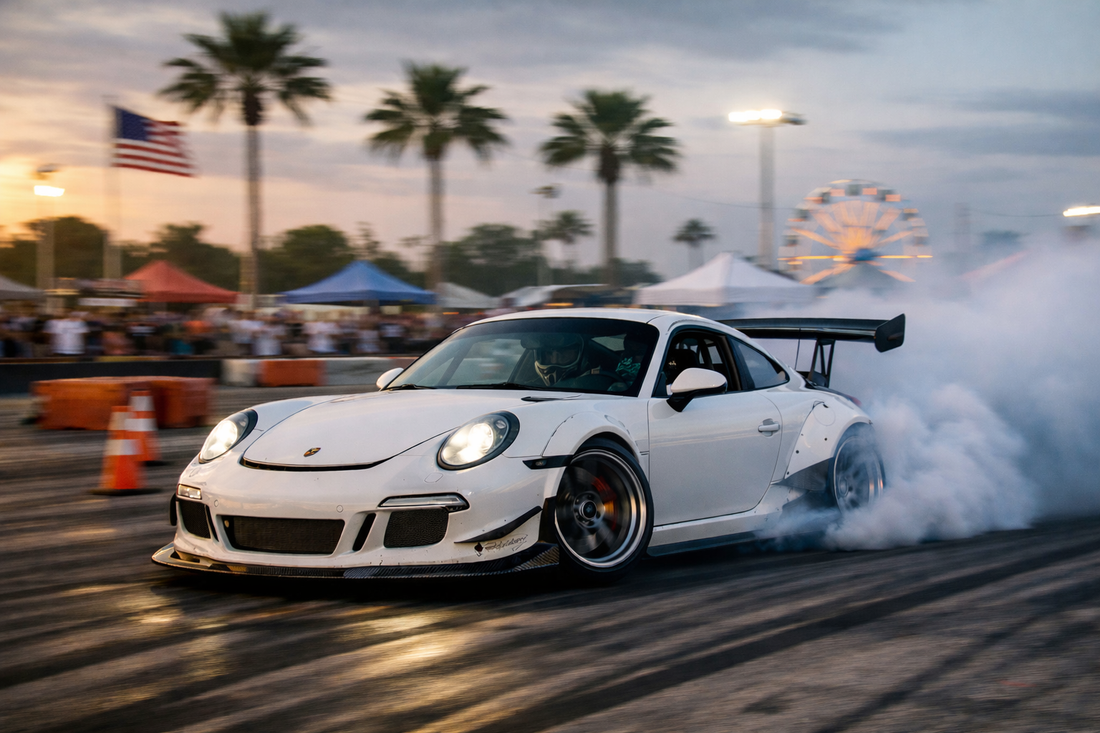 Professional drift telemetry system visualized on a Porsche 911 drift car at a Florida drift event