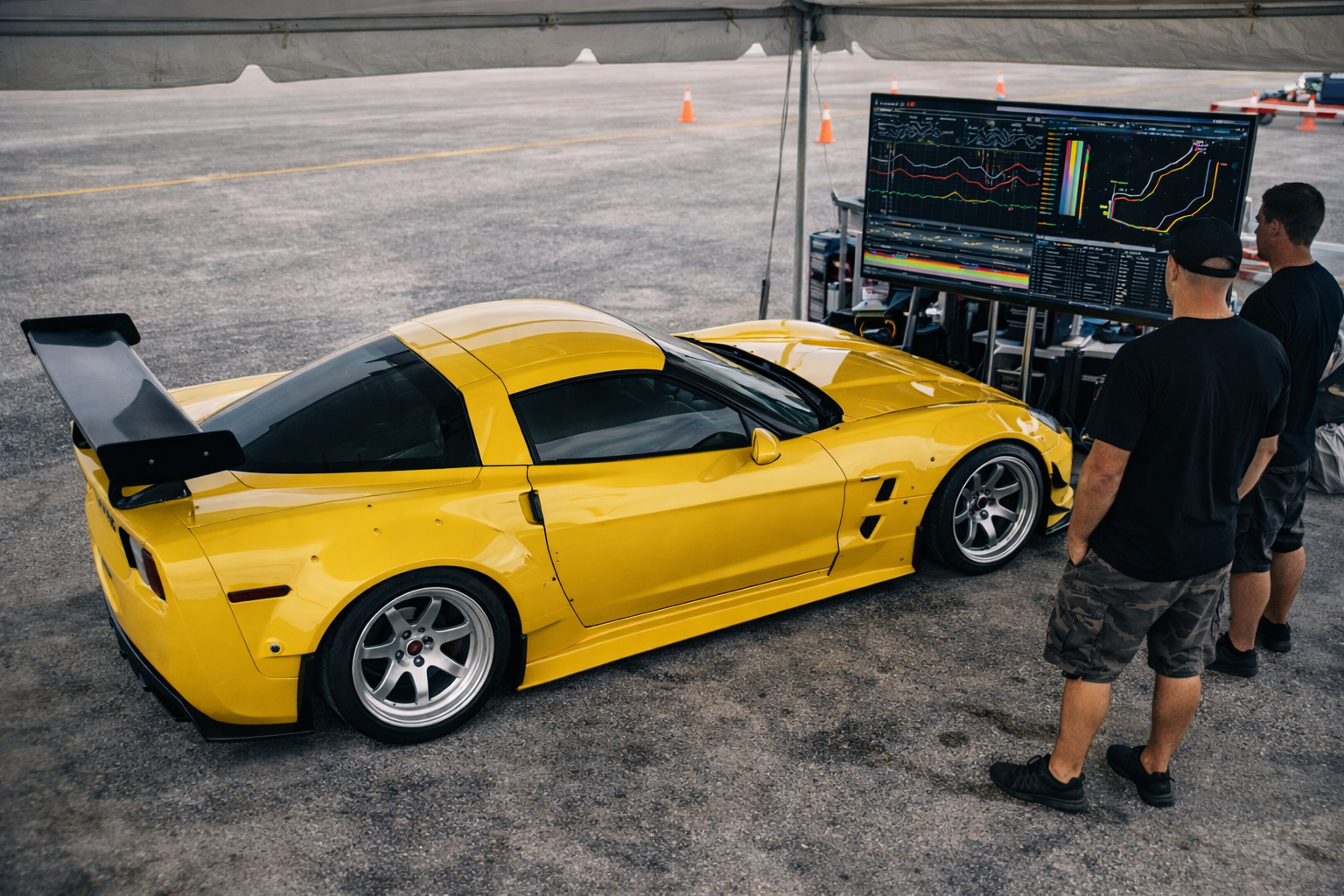 Professional drift telemetry and drift car data analysis shown beside a yellow C6 Corvette drift car