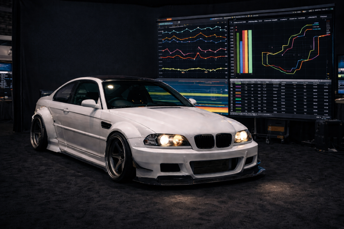 Drift telemetry and drift car data analysis displayed with a widebody BMW E46 drift car