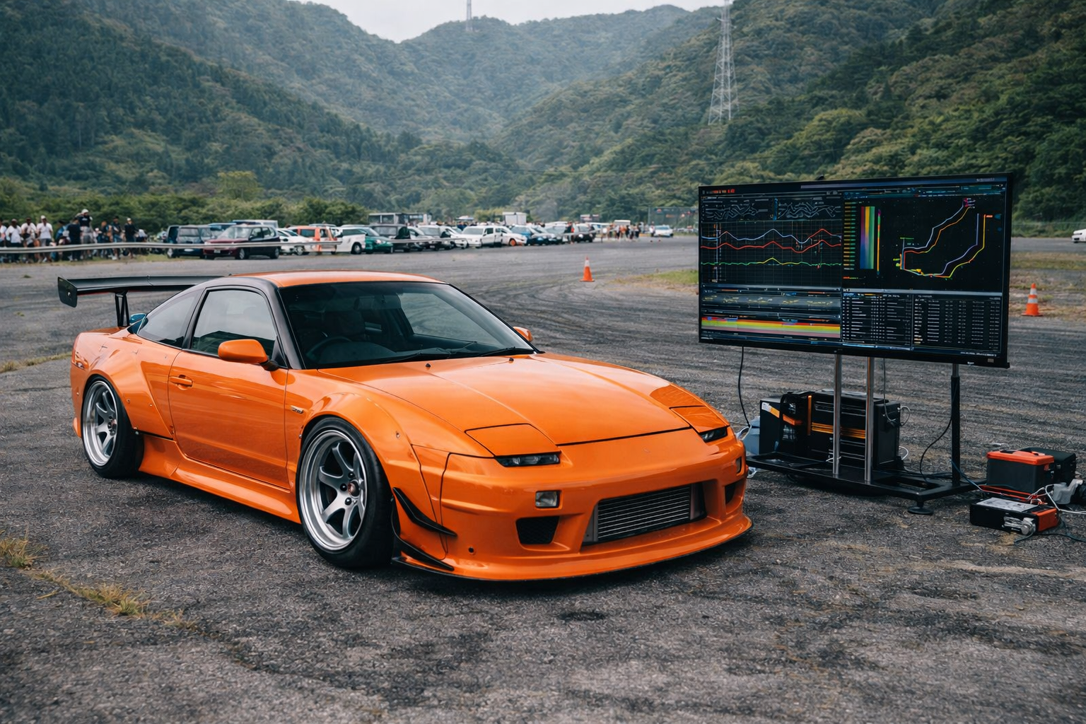 Drift telemetry and drift car data analysis displayed beside an orange Nissan 180SX drift car in Japan