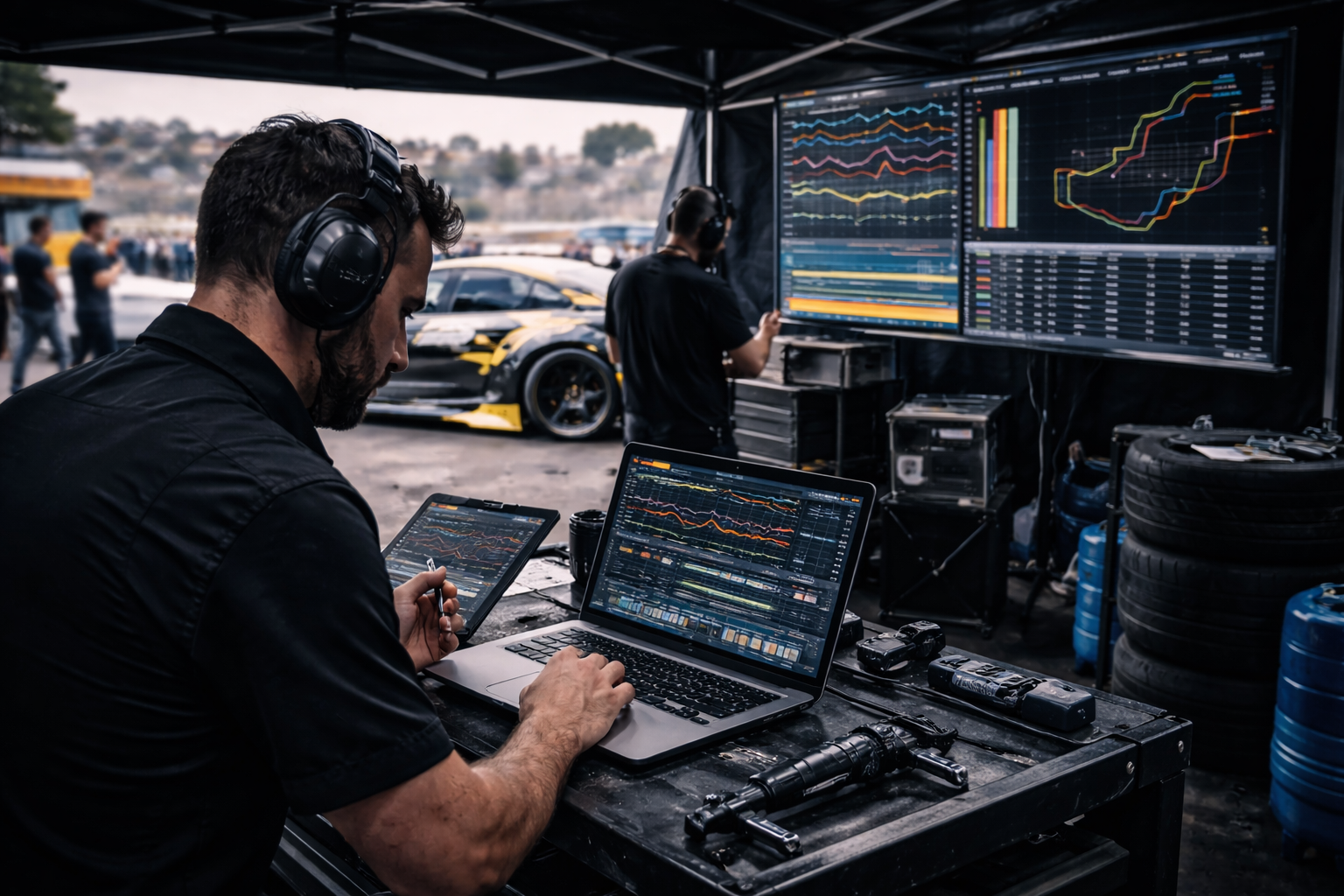 Race engineer analyzing drift telemetry and drift car data analysis at a professional drift event