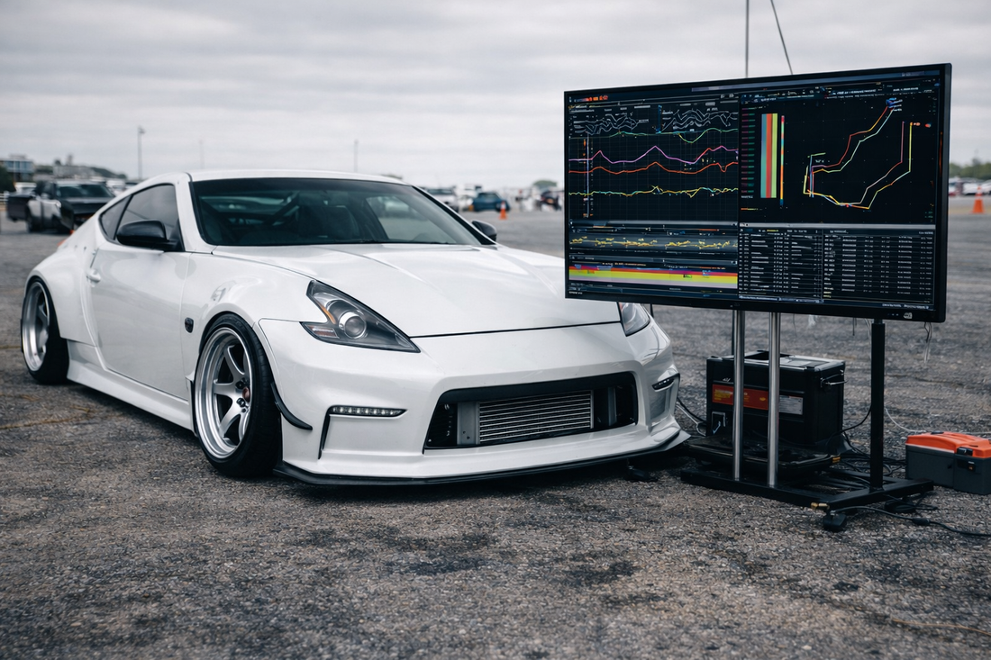 Drift telemetry and drift car data analysis displayed beside a Nissan 370Z drift car