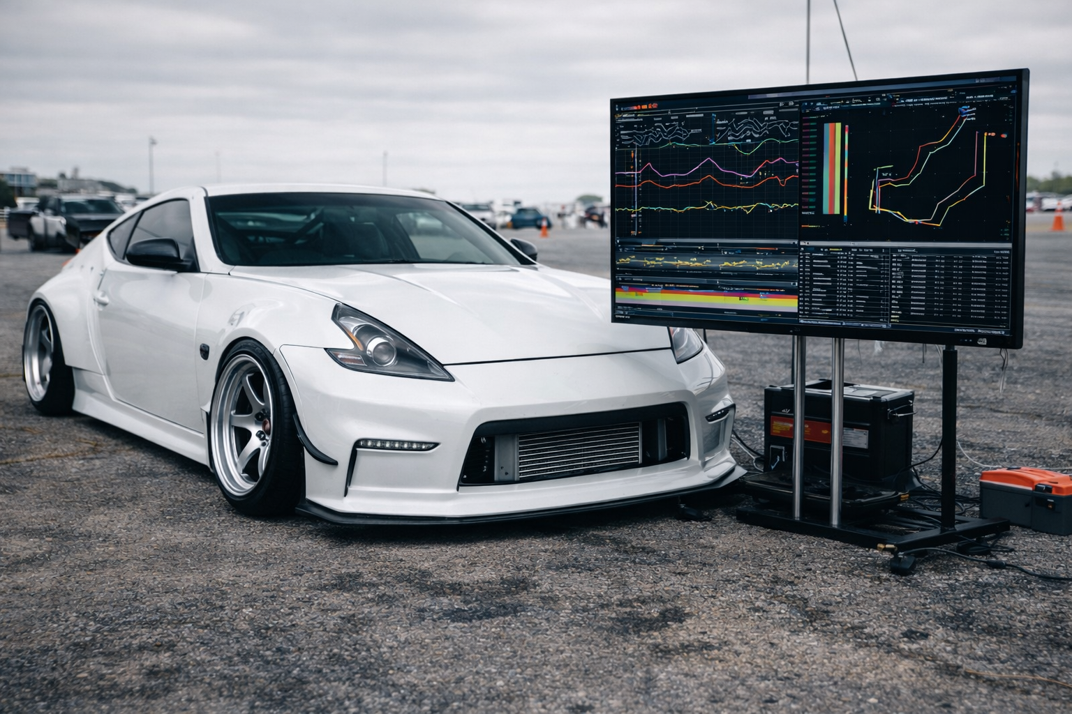 Drift telemetry and drift car data analysis displayed beside a Nissan 370Z drift car