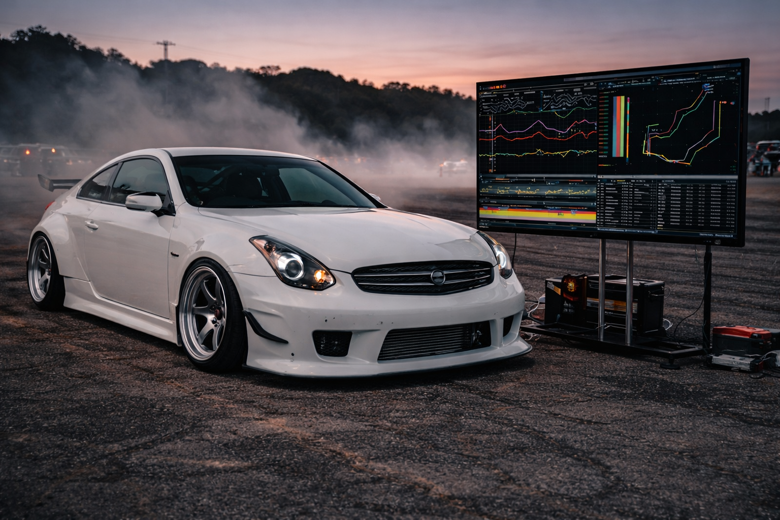 Drift telemetry and drift car data analysis displayed beside a widebody Infiniti G35 drift car at dusk