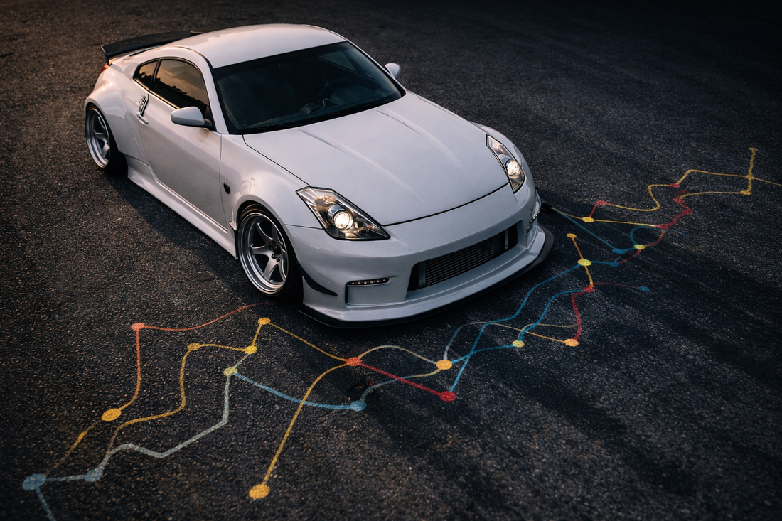 Drift telemetry and drift car data analysis visualized beneath a widebody Nissan 350Z drift car
